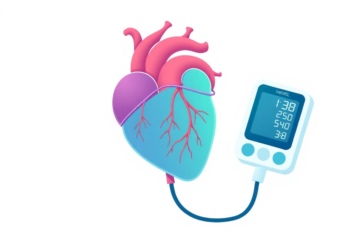 Illustration of a human heart connected to a digital blood pressure monitor