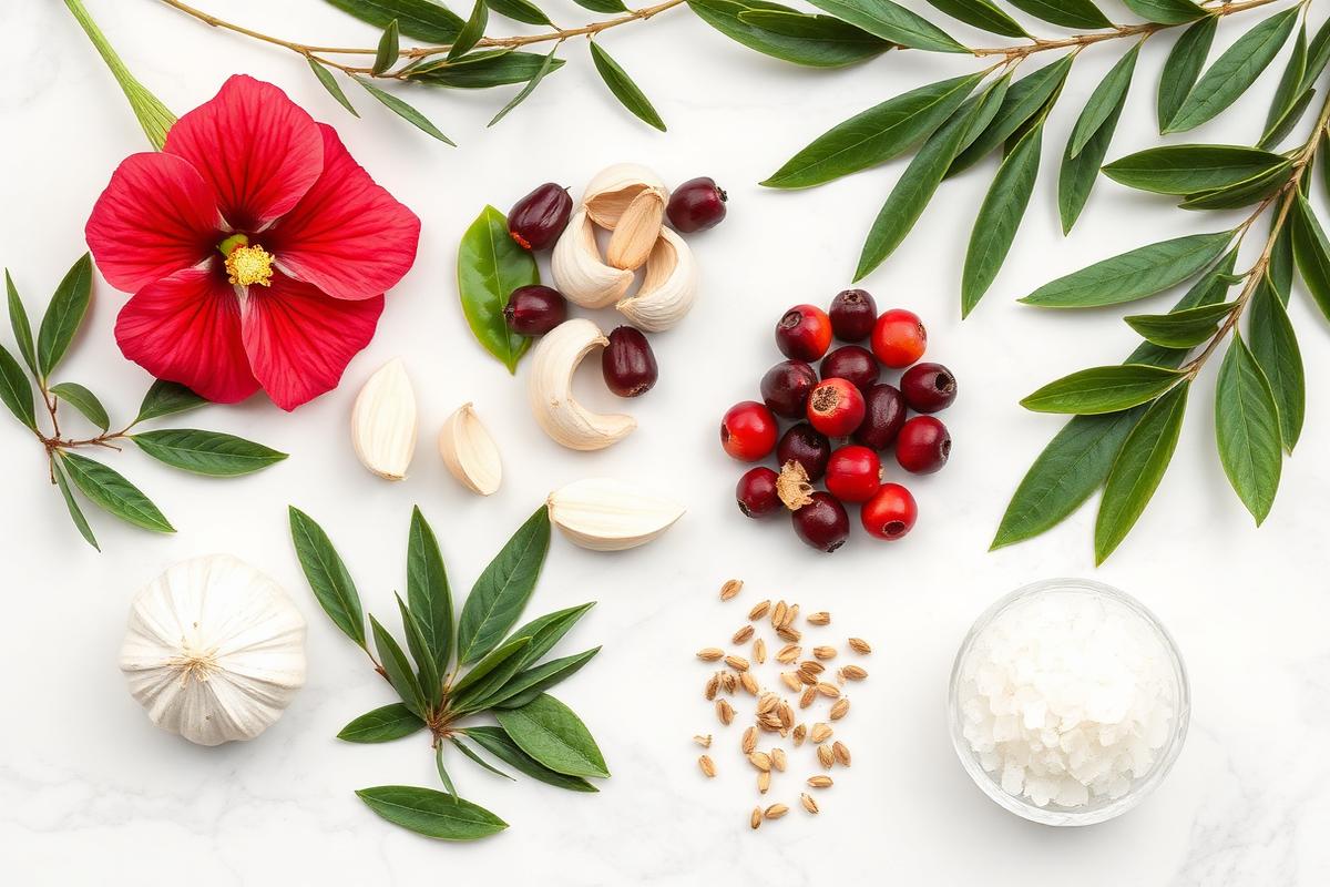 Hibiscus, olive leaf, garlic, hawthorn berries and mineral salts arranged on marble