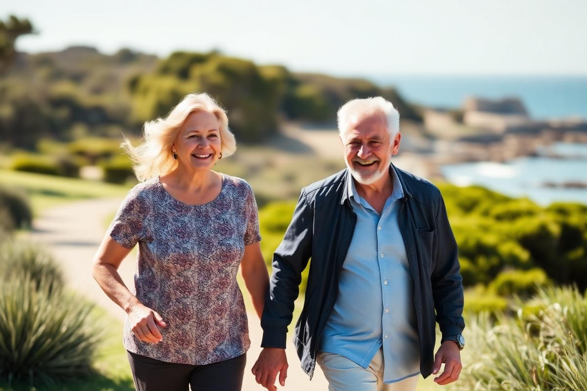 Older Australian couple walking along a sunny coastal path